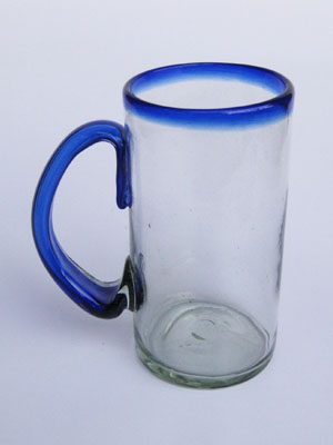 Wholesale Colored Rim Glassware / Cobalt Blue Rim 30 oz Large Beer Mugs  / What better way to enjoy freezing cold beer than with these large blue rim mugs? Thick blown glass helps keep low temperature and full flavor, just the way you like it!